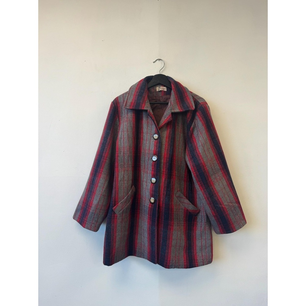 Vintage Lover's La Collezione Coat Womens Large Gray Red Striped Button 70s